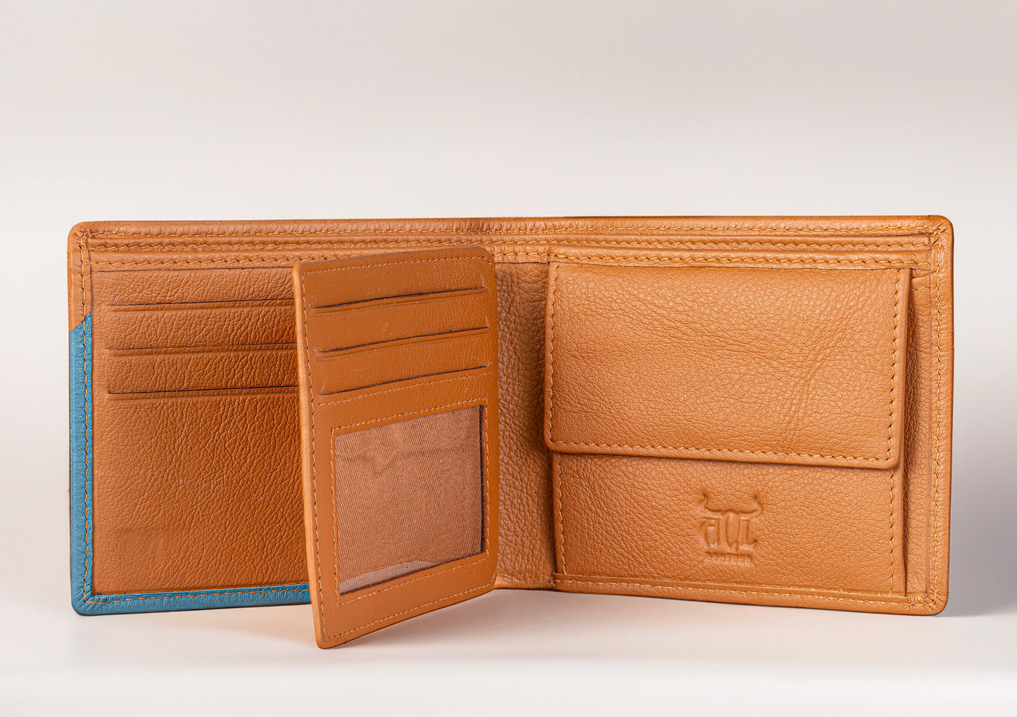 AQL130tan/blue1067: A Bold Fusion of Style and Security - Men's Wallet - AqLeather