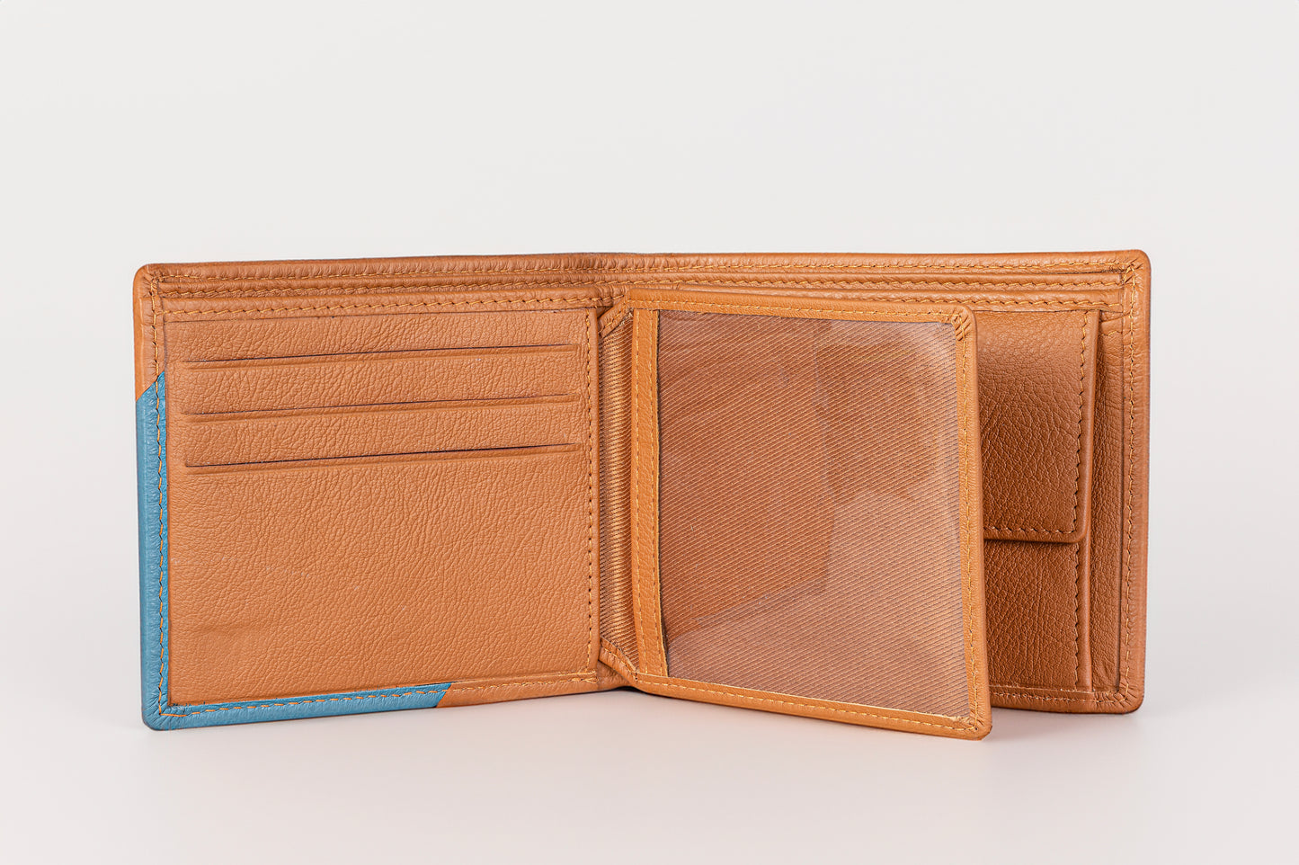 AQL130tan/blue1067: A Bold Fusion of Style and Security - Men's Wallet - AqLeather