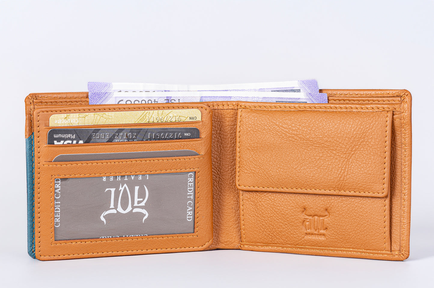 AQL130tan/blue1067: A Bold Fusion of Style and Security - Men's Wallet - AqLeather