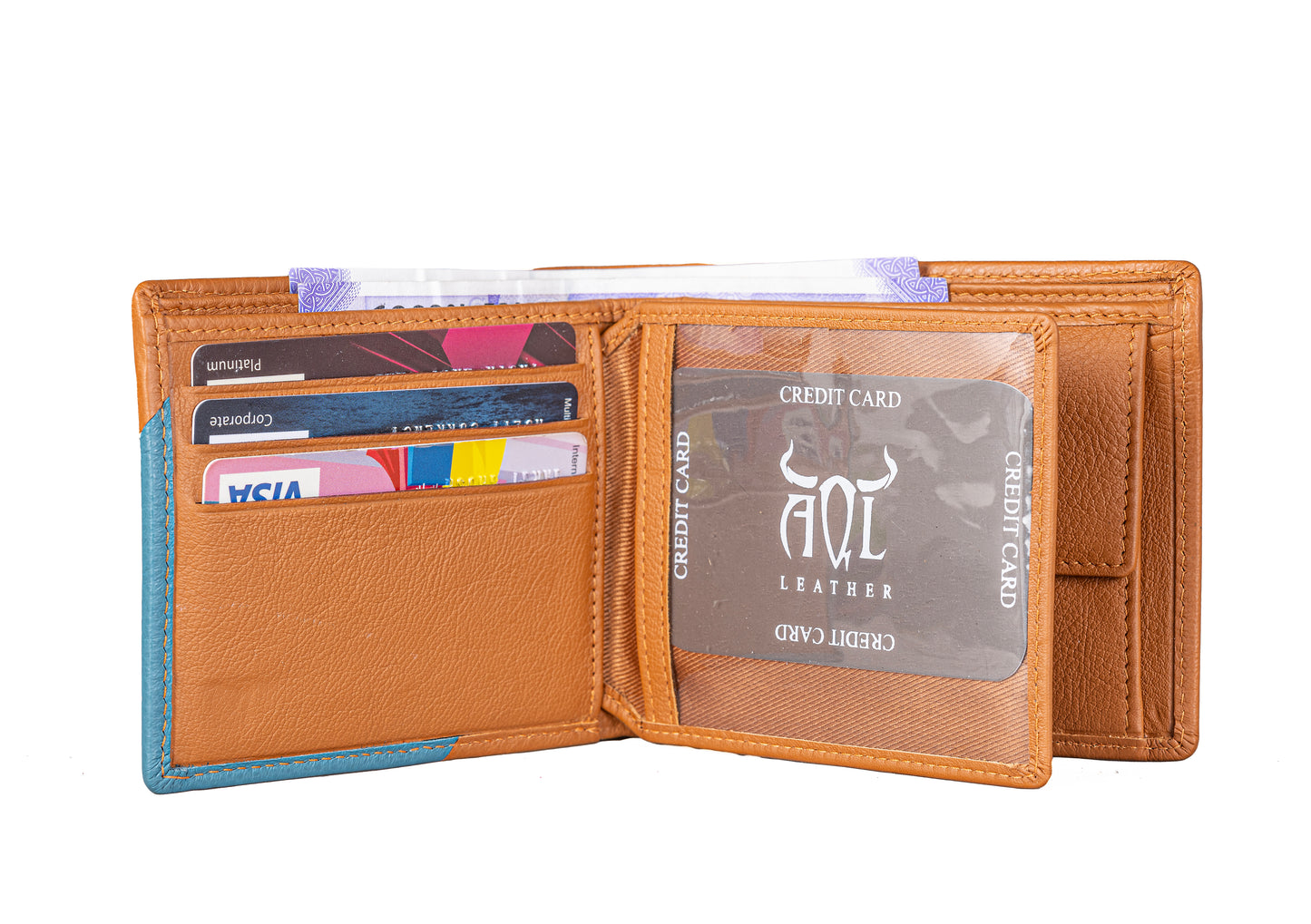 AQL130tan/blue1067: A Bold Fusion of Style and Security - Men's Wallet - AqLeather