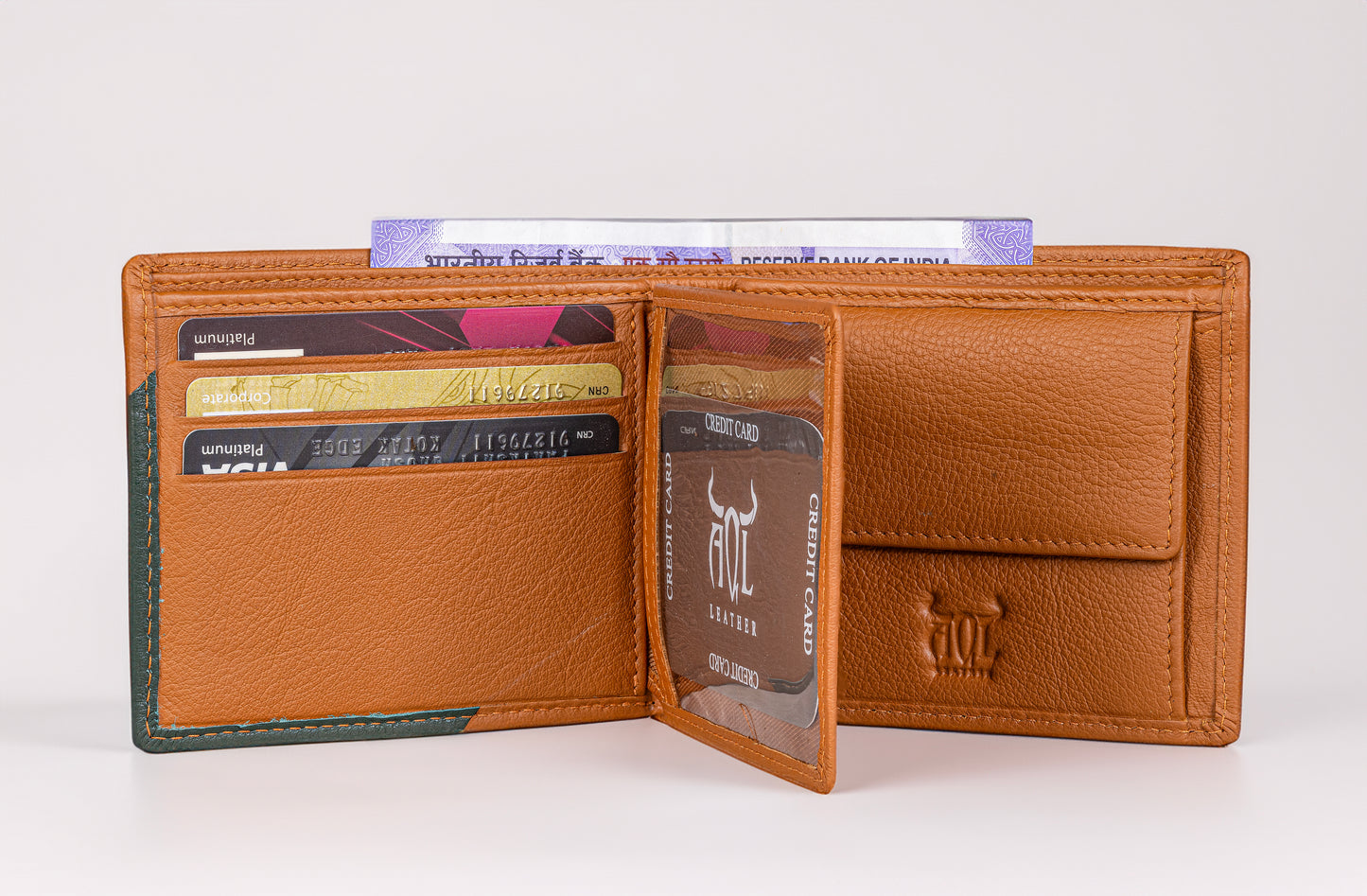 AQL130tan/green1067: -The Tan and Green Boston NDM Men's Wallet - AqLeather