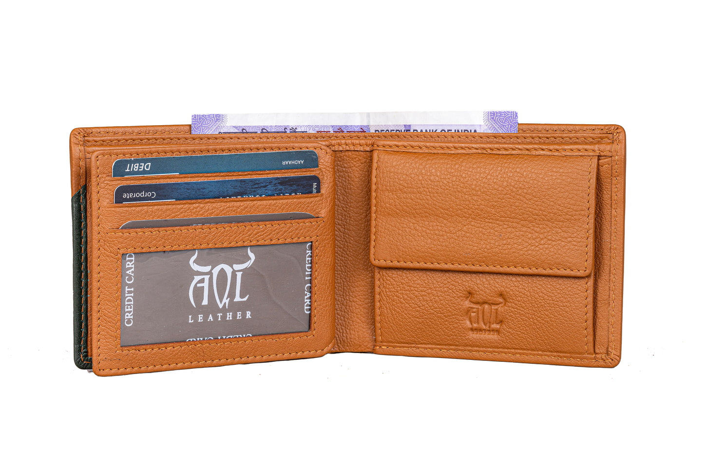 AQL130tan/green1067: -The Tan and Green Boston NDM Men's Wallet - AqLeather